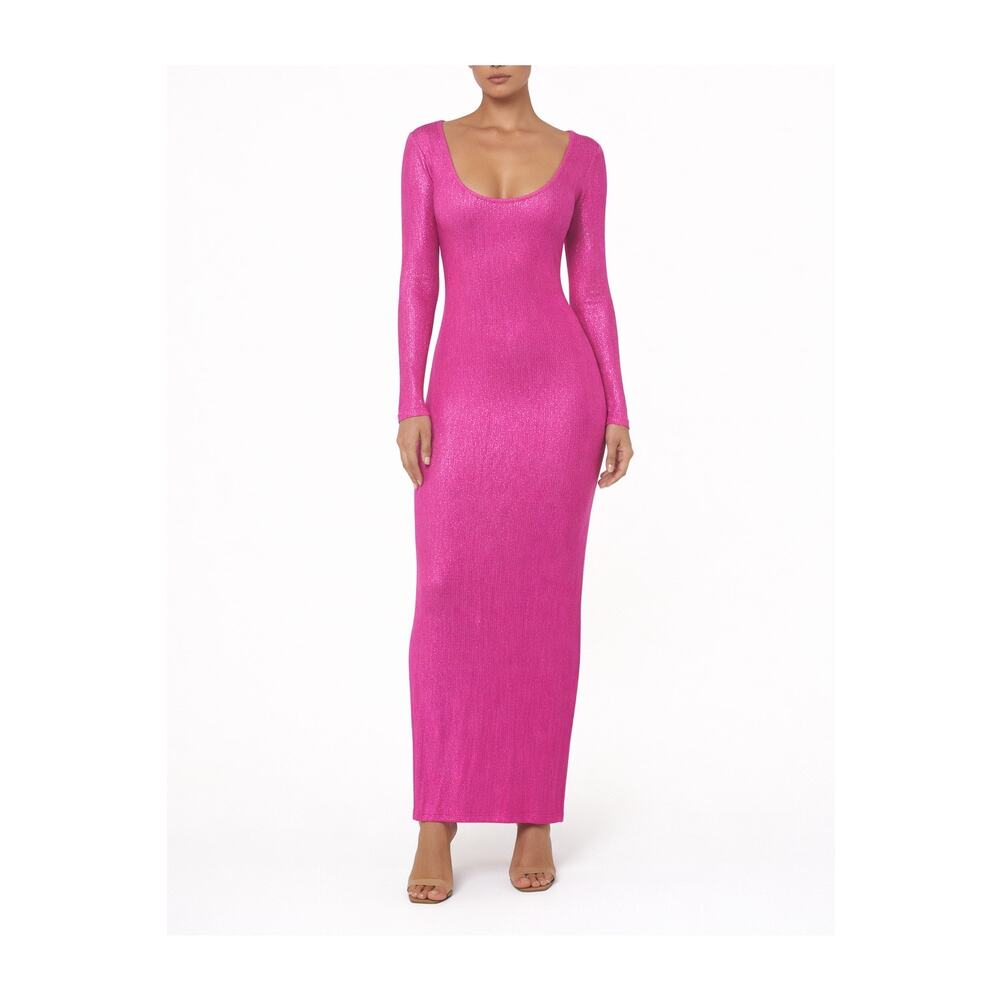 SKIMS Soft Lounge Fuchsia Foil Ribbed Maxi Dress Long Sleeve Size L